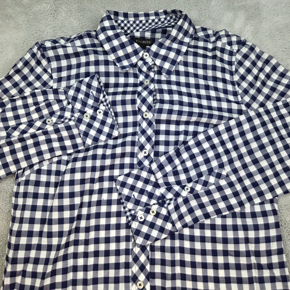 Talbots Button Down Shirt Womens XS Gingham Plaid Long Sleeve Navy Blue White XS